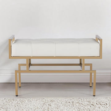 31.5'' Modern White Faux Leather Upholstered Bench with Gold Metal Legs